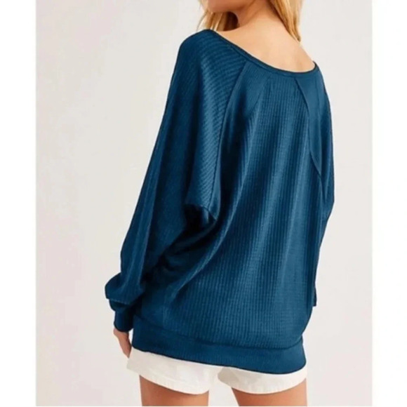 We The Free People Santa Clara Boho Teal blue long sleeve Thermal Knit Top - Picture 2 of 4